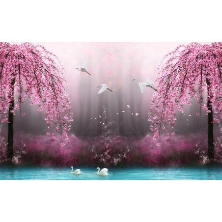 Tapisserie paysage fantaisie - Les cygnes avec les fleurs rose