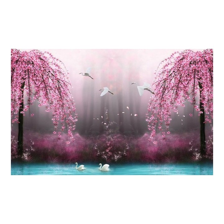 tapisserie numérique paysage fantaisie les cygnes avec les fleurs rose