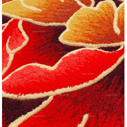 Tapis floral pivoine rouge en laine de Nouvelle-Zélande velours sculpté en relief.