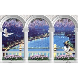 tapisserie trompe l'oeil effet 3D extension d'espace la nuit bleu sur la rivière