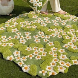 Tapis Pelouse en Relief Fleurs de Marguerite Laine Naturelle Fait Main