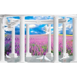 tapisserie trompe l'oeil effet 3D extension d'espace dans le champ de lavande