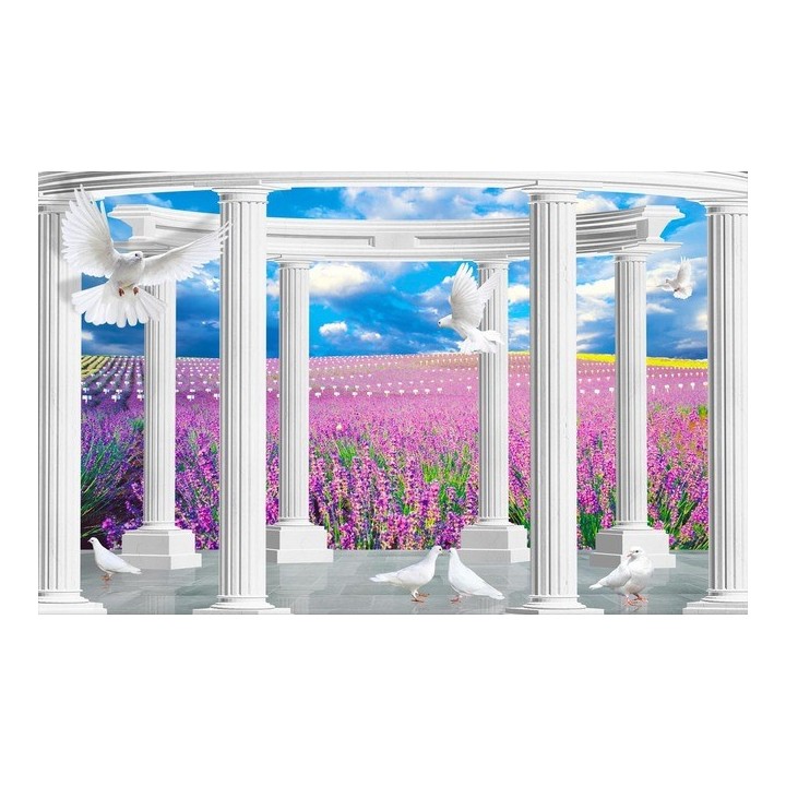 tapisserie trompe l'oeil effet 3D extension d'espace dans le champ de lavande