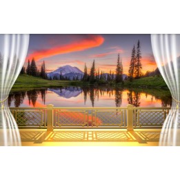 tapisserie trompe l'oeil effet 3D extension d'espace lever du soleil sur le balcon