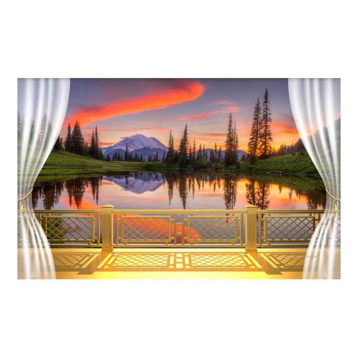 tapisserie trompe l'oeil effet 3D extension d'espace lever du soleil sur le balcon