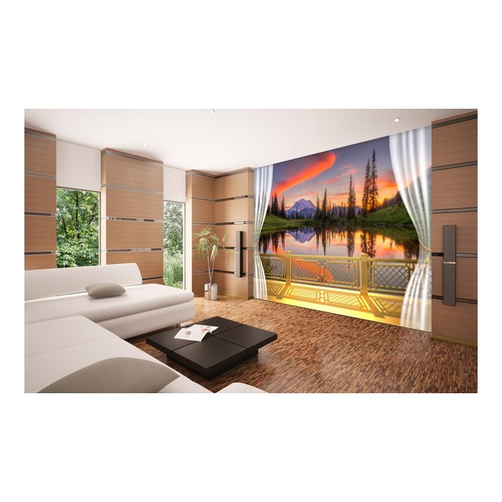 tapisserie trompe l'oeil effet 3D extension d'espace lever du soleil sur le balcon