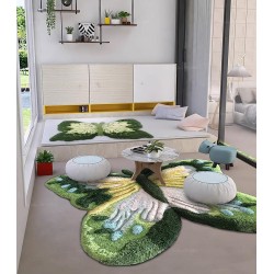 Tapis salle d'attente papillon vert, jaune et bleu, pièce de décoration fait à la main.