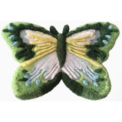 Tapis 3D très décoratif en forme de papillon velours épais en relief, couleur vert, jaune et bleu.