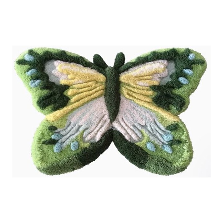 Tapis 3D décor mural et sol personnalisé, en forme de papillon velours épais en relief, couleur vert, jaune et bleu.