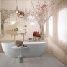 Salle de bain déco vintage, fresque murale étanche piano blanc arbre rose.