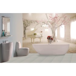 décoration salle de bain poétique, panneau mural trompe l’œil piano blanc effet de profondeur.