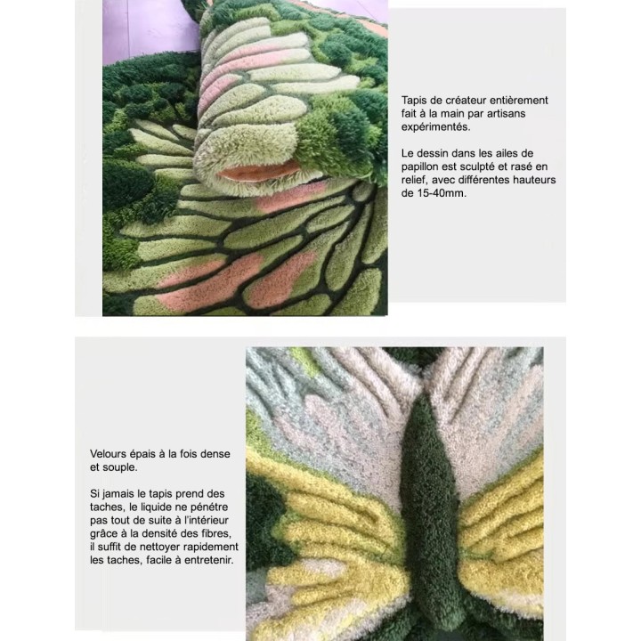 Tapis 3D vert jaune en Relief Forme de Papillon Laine et Soie Fait Main