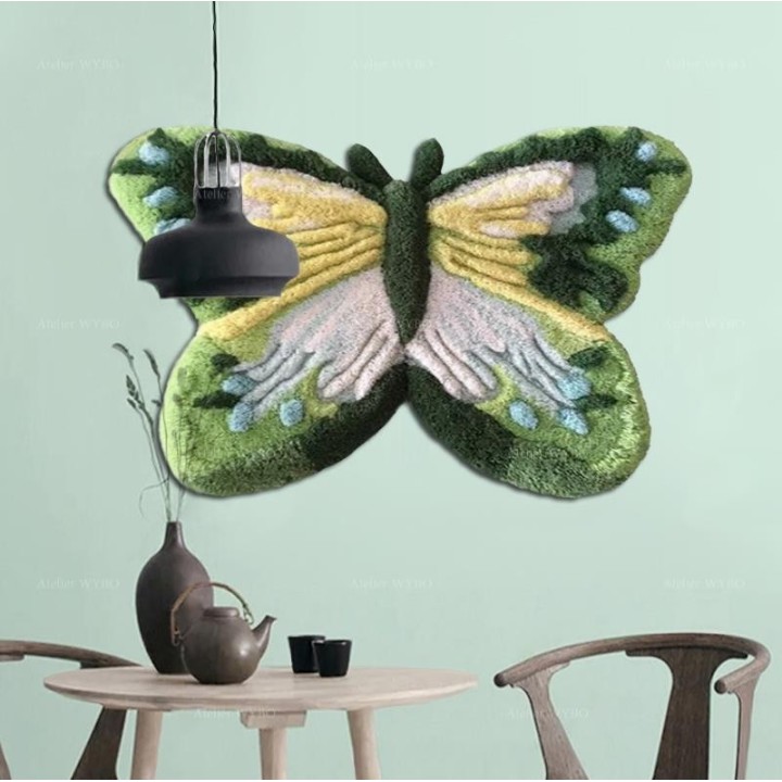 Tapis mural décoratif papillon vert et jaune en relief, couleur douce, toucher doux.
