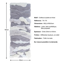 Tapis 3D velours épais en relief descente de lit ton gris - Collines et plaine en hiver