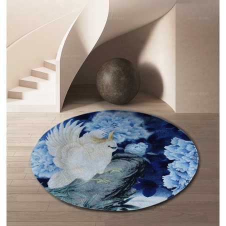 Tapis rond chinoiserie - Perroquet cacatoès et pivoine dans la nuit bleue