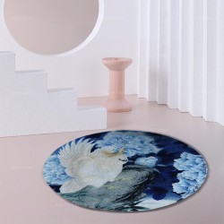 Tapis rond chinoiserie - Perroquet cacatoès et pivoine dans la nuit bleue