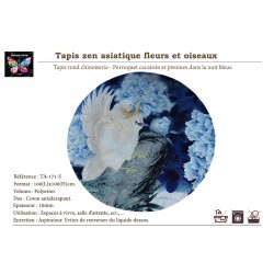 Tapis rond chinoiserie - Perroquet cacatoès et pivoine dans la nuit bleue