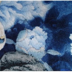 Tapis rond chinoiserie - Perroquet cacatoès et pivoine dans la nuit bleue