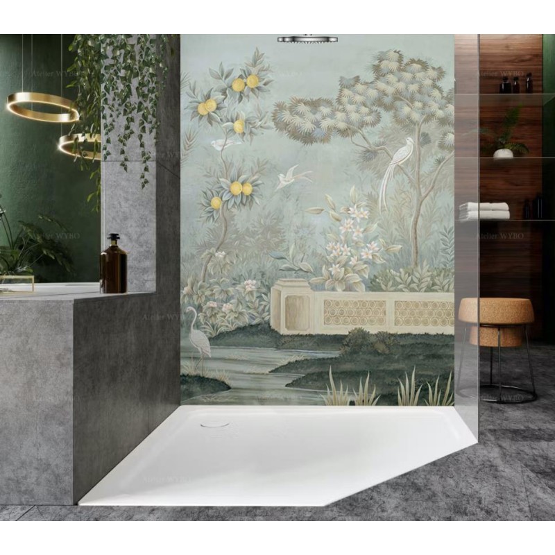 Fresque murale douche italienne style ancien, jardin, citronnier et oiseau, ton pastel