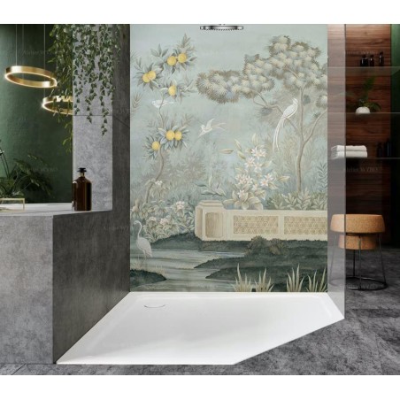 Fresque murale douche italienne style ancien, jardin, citronnier et oiseau, ton pastel