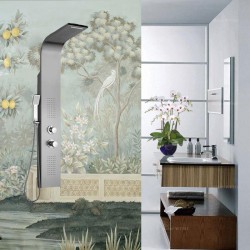 Fresque murale douche italienne style ancien, jardin, citronnier et oiseau, ton pastel