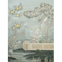 Fresque murale douche italienne style ancien, jardin, citronnier et oiseau, ton pastel