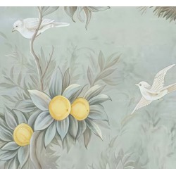 Fresque murale douche italienne style ancien, jardin, citronnier et oiseau, ton pastel