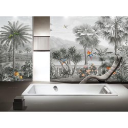 Lambris PVC vintage salle de bain, fresque jungle d'Amazonie et perroquet, ton gris