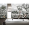 Lambris PVC vintage salle de bain, fresque jungle d'Amazonie et perroquet, ton gris