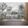 Lambris PVC vintage salle de bain, fresque jungle d'Amazonie et perroquet, ton gris