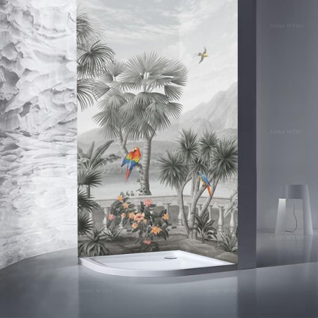 Lambris PVC vintage salle de bain, fresque jungle d'Amazonie et perroquet, ton gris