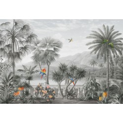 Lambris PVC vintage salle de bain, fresque jungle d'Amazonie et perroquet, ton gris