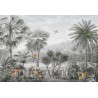 Lambris PVC vintage salle de bain, fresque jungle d'Amazonie et perroquet, ton gris
