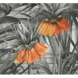 Lambris PVC vintage salle de bain, fresque jungle d'Amazonie et perroquet, ton gris