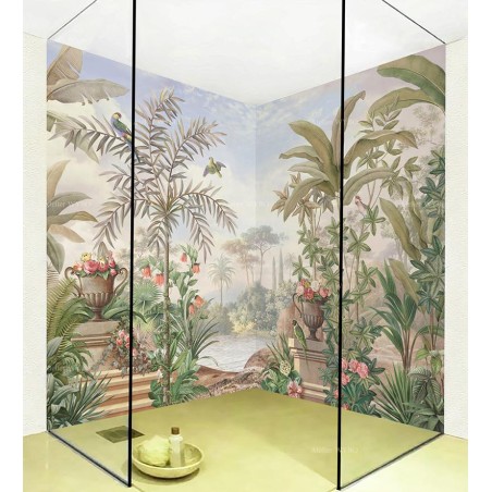Panneau de douche hydrofuge, fresque ancienne mur de baigoire, jardin et oiseau exotique