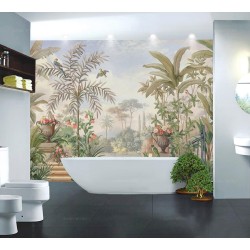 Panneau de douche hydrofuge, fresque ancienne mur de baigoire, jardin et oiseau exotique