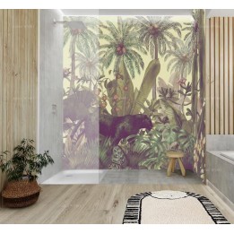 Crédence XXL salle de bain jungle panthère noire et végétation