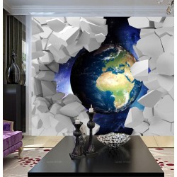 Papier peint trompe l'oeil 3D - La terre et univers vue depuis un mur cassé