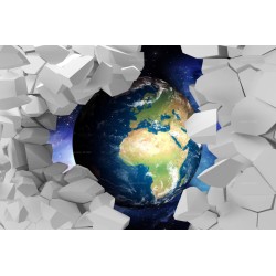 Papier peint trompe l'oeil 3D - La terre et univers vue depuis un mur cassé