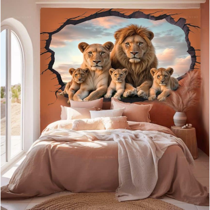 Tête de lit trompe l'œil 3D effet mur cassé - La famille lions dans la savane