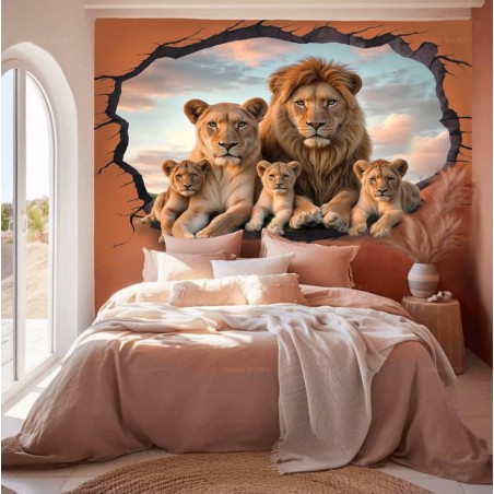Tête de lit trompe l'œil 3D effet mur cassé - La famille lions dans la savane