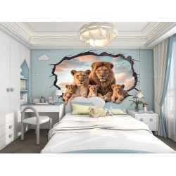 Tête de lit trompe l'œil 3D effet mur cassé - La famille lions dans la savane