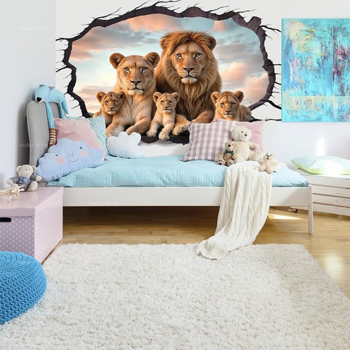 Déco Chambre d'Enfant Animaux Sauvages Tapisserie Trompe l'Oeil 3D Lion