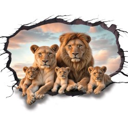 Tête de lit trompe l'œil 3D effet mur cassé - La famille lions dans la savane