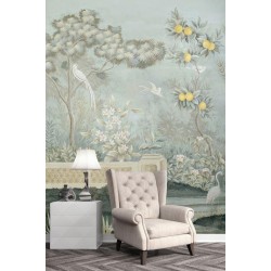 Citronnier dans jardin avec fleurs et oiseaux, ton vert pastel