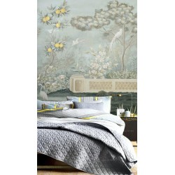Citronnier dans jardin avec fleurs et oiseaux, ton vert pastel