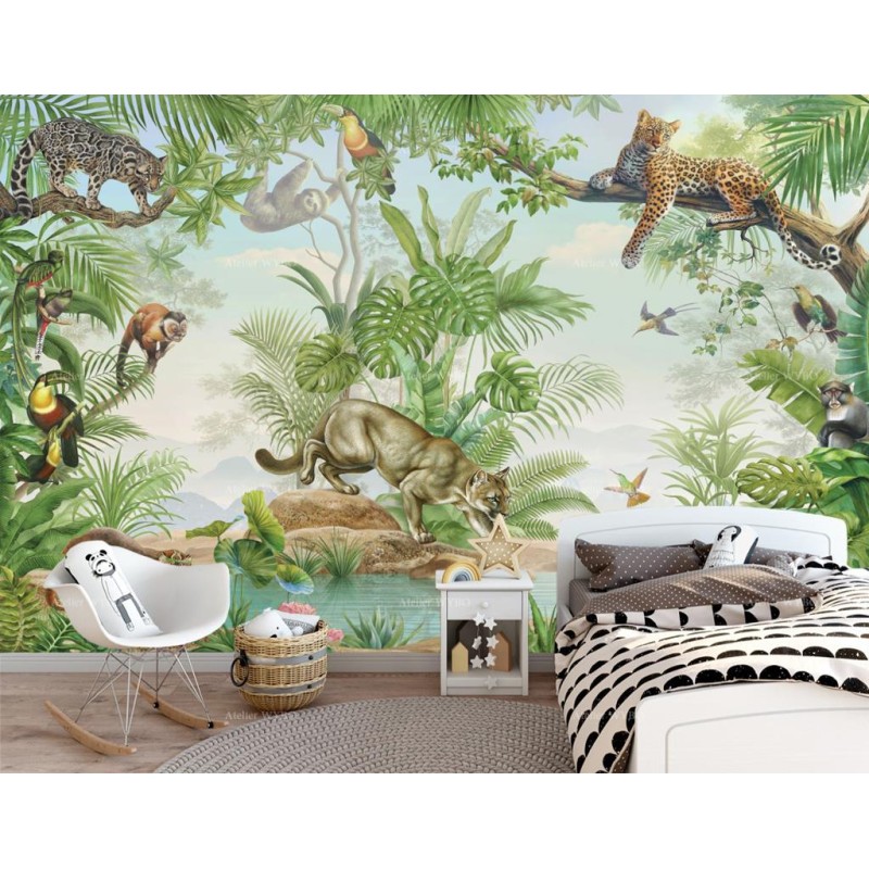 Papier peint chambre d'enfant animaux félin - Panthère, jaguar, puma et singes dans la jungle