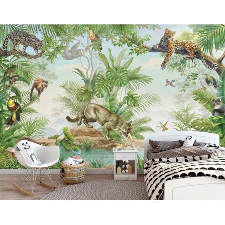 Papier peint chambre d'enfant animaux félin - Panthère, jaguar, puma et singes dans la jungle