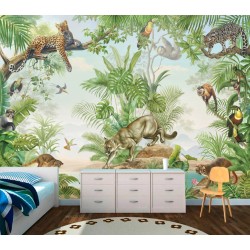 Papier peint chambre d'enfant animaux félin - Panthère, jaguar, puma et singes dans la jungle