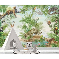 Papier peint chambre d'enfant animaux félin - Panthère, jaguar, puma et singes dans la jungle